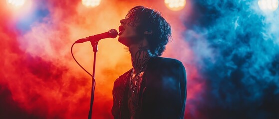 Singer with microphone performing live on stage, vibrant colorful lights and smoke effects, dynamic stage presence, energetic performance, dramatic lighting and atmosphere
