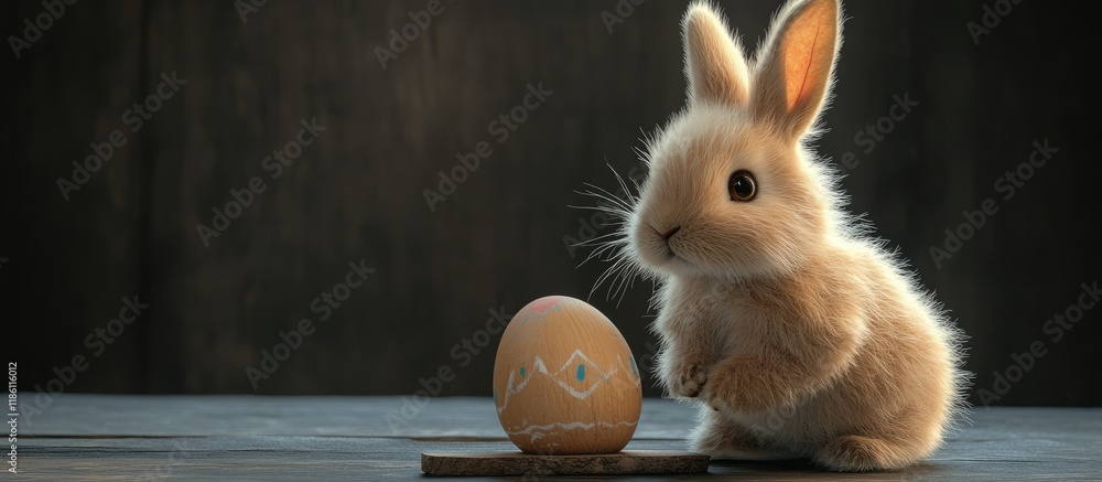 Poster Fluffy Easter bunny with a painted wooden egg. with copy space image. Place for adding text or design