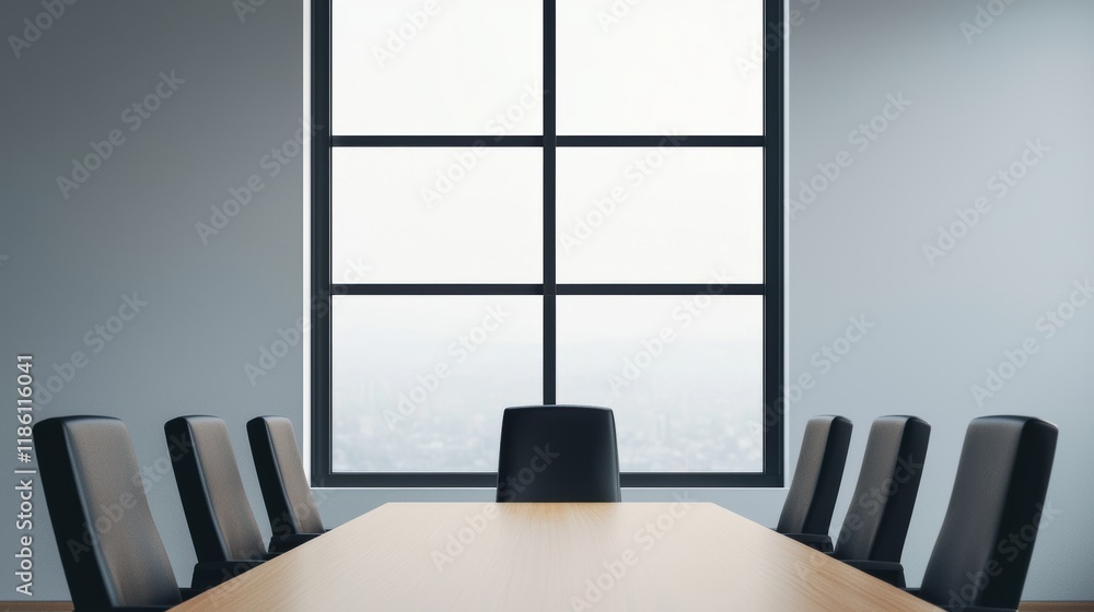 Poster modern meeting room with empty table and chairs facing large window