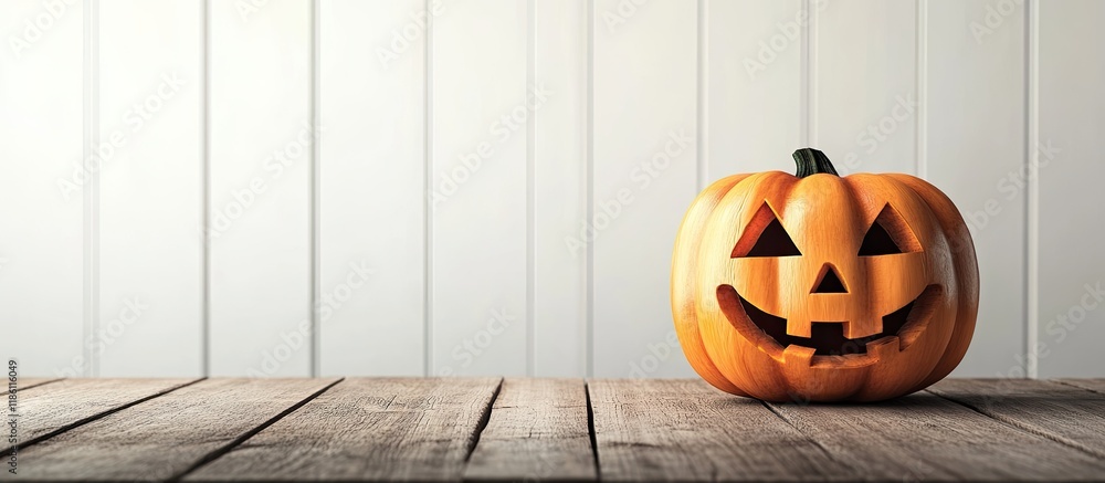 Poster halloween pumpkin on a wooden table against a backdrop of white boards halloween themed background r