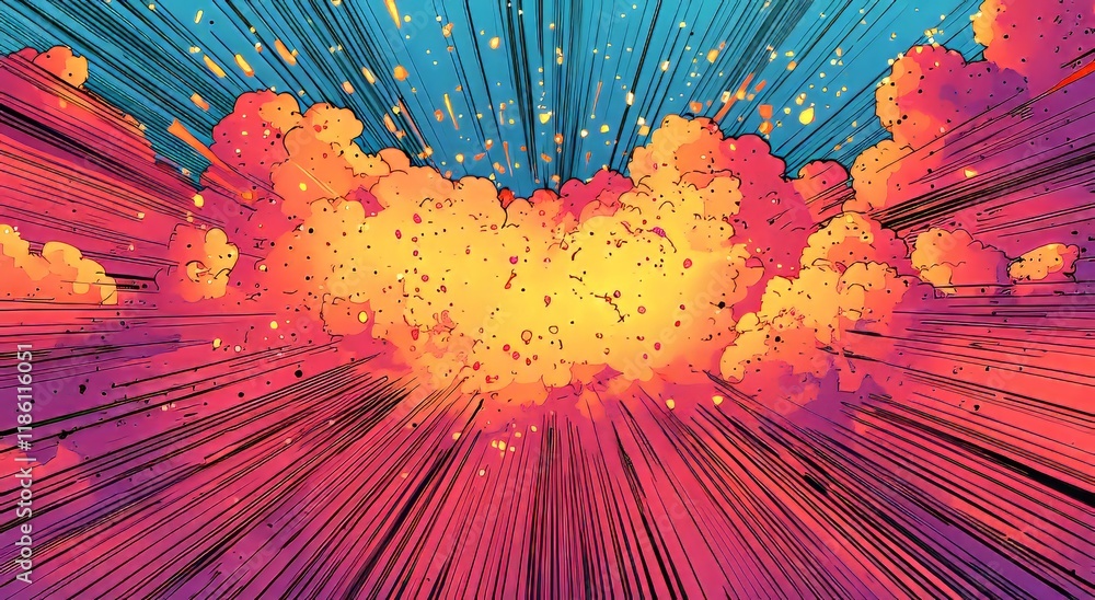 Poster dynamic comic style motion graphics complete with vibrant speed lines and explosions