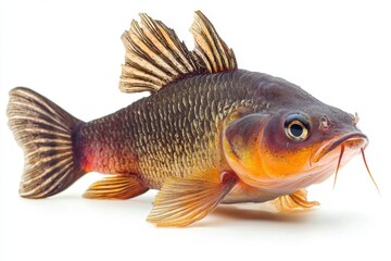 Fototapeta premium A vibrant fish with colorful scales and prominent fins, showcasing intricate details and a lively appearance against a white background.