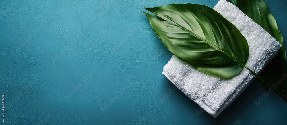 Poster spa idea featuring a green leaf and towel on a blue backdrop copy space