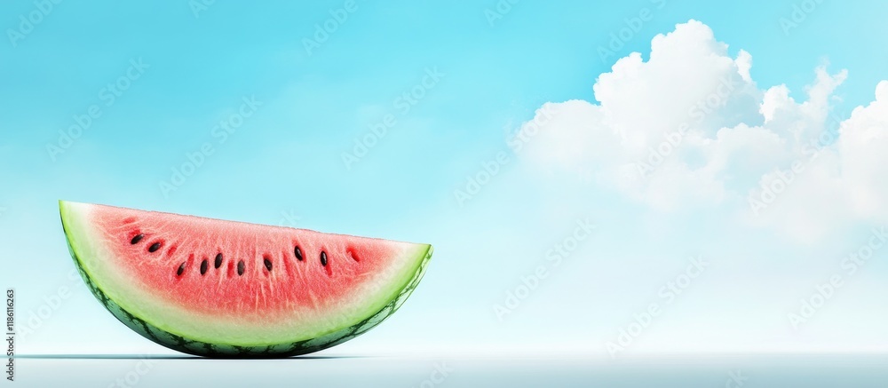 Leinwandbilder a slice of ripe watermelon set against a blue sky summer still life. with copy space image. Place for adding text or design