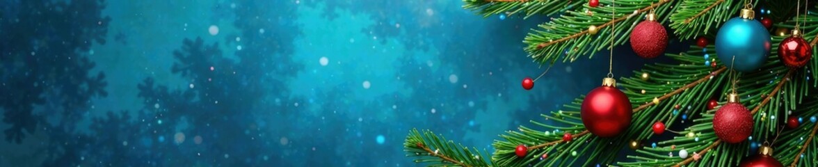 Fototapeta premium Decorated Christmas tree branches on blue background, holiday, festive