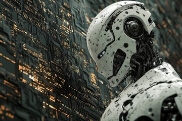 Fototapeta premium Humanoid robot with a metallic design standing in a digital environment