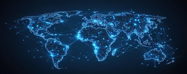 Abstract concept of global network connection, digital earth with glowing interconnected lines and nodes, symbolizing worldwide communication, advanced technological connectivity