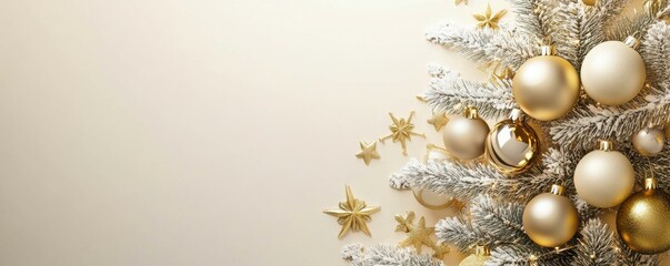 Fototapeta premium A stylish top view Christmas tree cutout design adorned with sparkling ornaments and golden decorations, set against a soft beige background creating a festive and elegant holiday