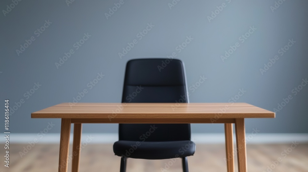 Poster empty desk and chair in a modern and minimalist office promoting productivity