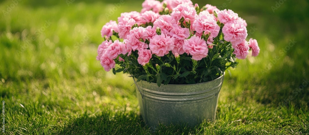 Leinwandbilder blooming pink carnation flowers in a tin bucket placed on the grass. with copy space image. place fo