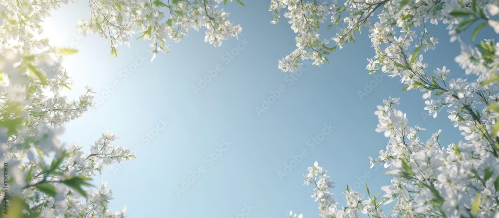 Leinwandbilder Flowering tree branches and a clear sky The idea of beginning a new season The notion of being mindful of the environment. with copy space image. Place for adding text or design
