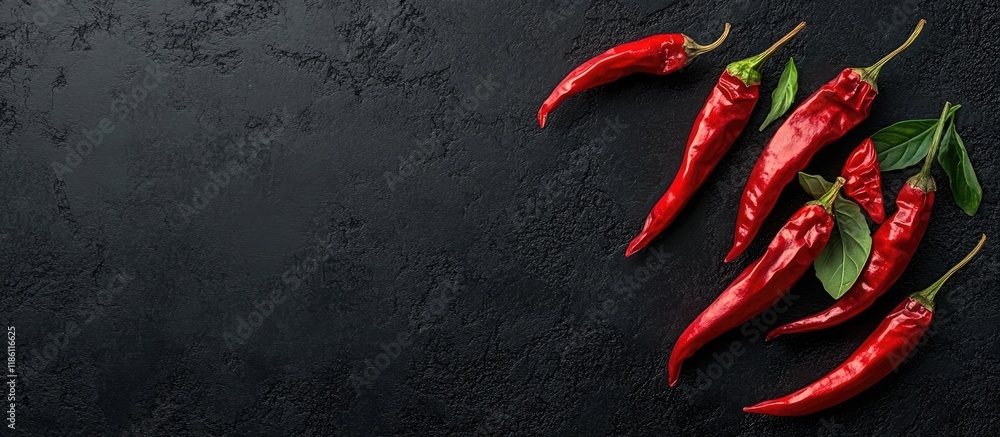 Aufkleber chili concept spicy red chili on black background it represents a spicy food concept top view. with 
