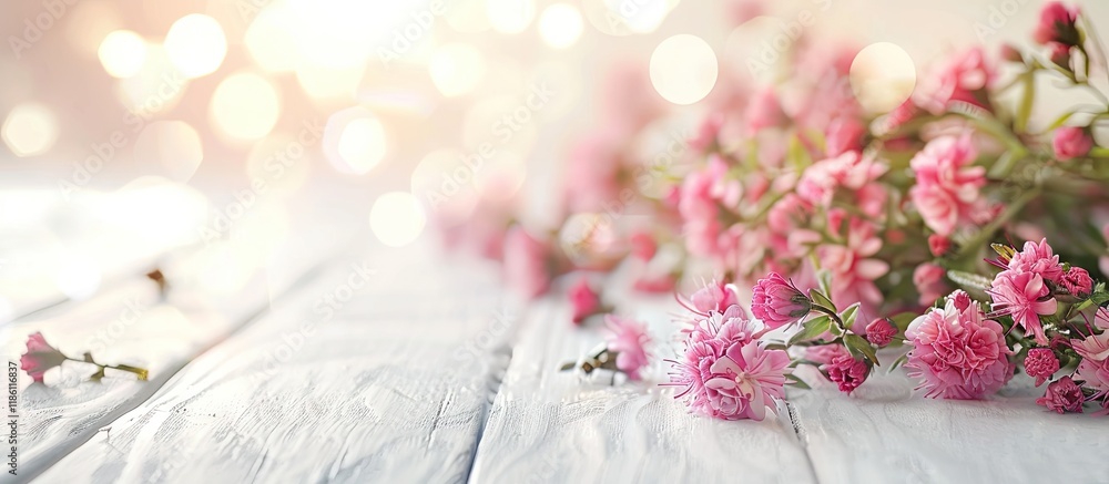 Aufkleber lovely flowers on a blurred abstract background with a white wooden surface. with copy space image. 