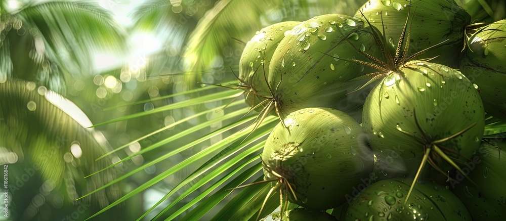 Poster cluster of green coconuts. with copy space image. place for adding text or design