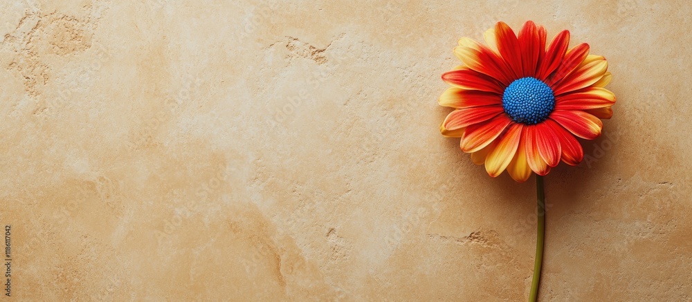 Aufkleber flat lay a single red blue and yellow daisy on a tan tile with copyspace