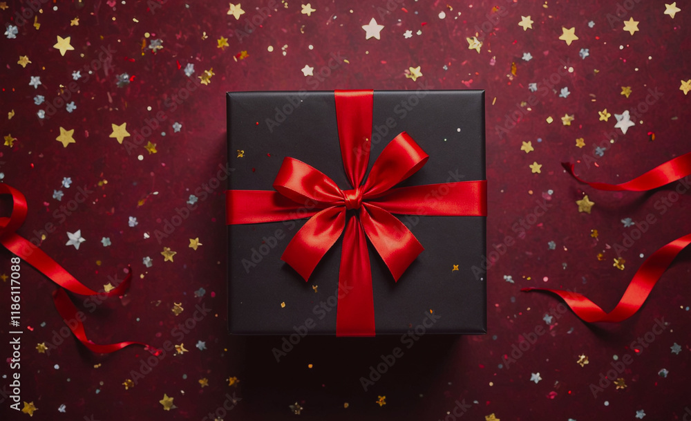 Poster black box with a red bow on top. there are many stars scattered around the box