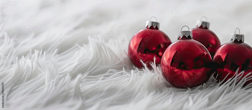 Poster red glass christmas ornaments on a white furry surface. with copy space image. place for adding text