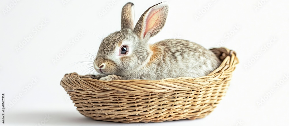 Aufkleber Studio image of a domestic rabbit in a basket against a white background. with copy space image. Place for adding text or design