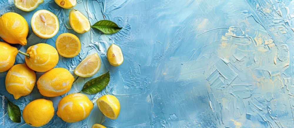 Poster Whole lemons arranged on a blue textured summer background featuring copy space for text