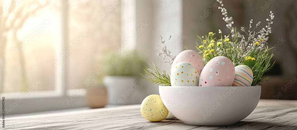Leinwandbilder Easter still life featuring Easter eggs Easter eggs in a white container Easter greeting card. with copy space image. Place for adding text or design