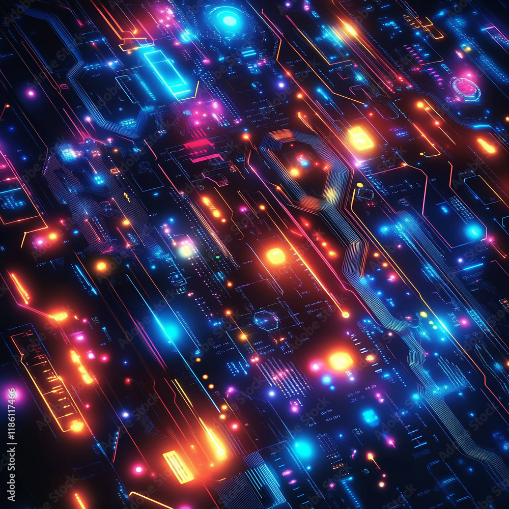 Poster abstract digital circuit design with vibrant colors and glowing lights in futuristic style