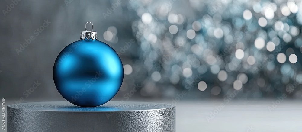 Poster a blue christmas bauble sits on a podium against a silver colored background. with copy space image.