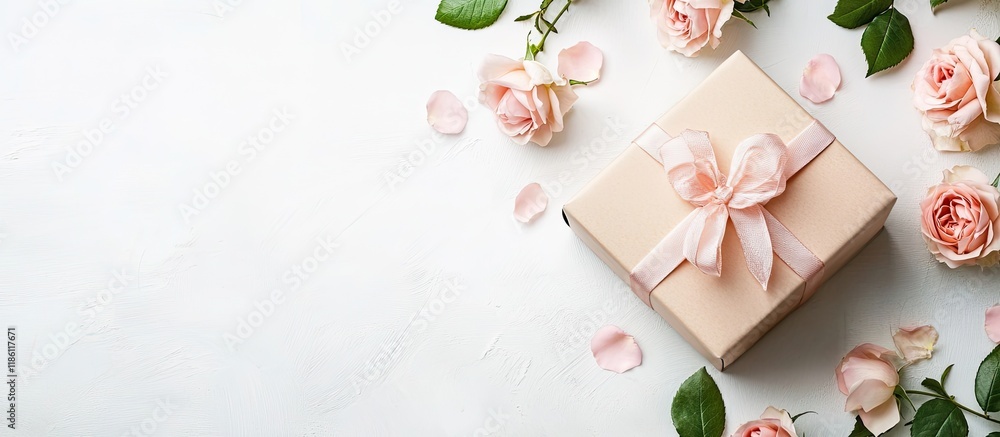 Poster elegant gift box and lovely pink rose flowers on a white background flat lay room for text. with cop