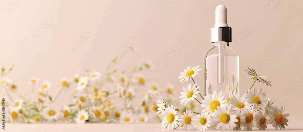Aufkleber plastic bottle of serum or essence with chamomile flowers. with copy space image. place for adding t