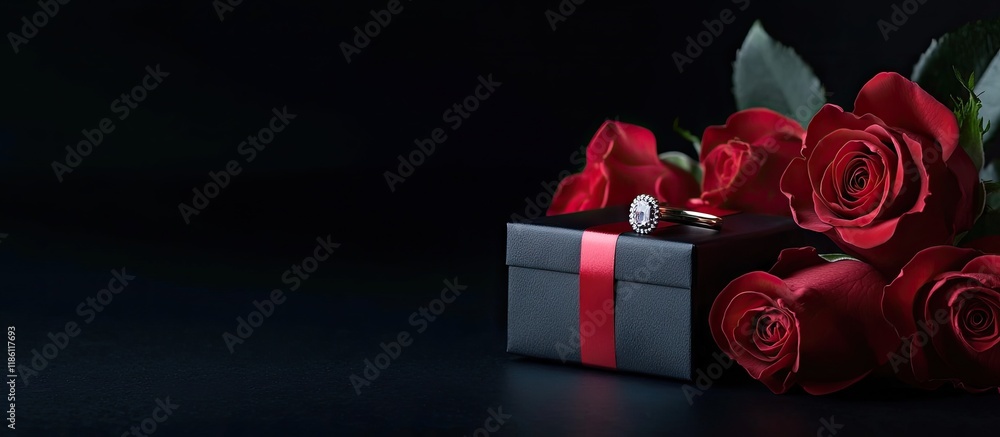 Poster Red roses a ring and a gift box on a black background. with copy space image. Place for adding text or design