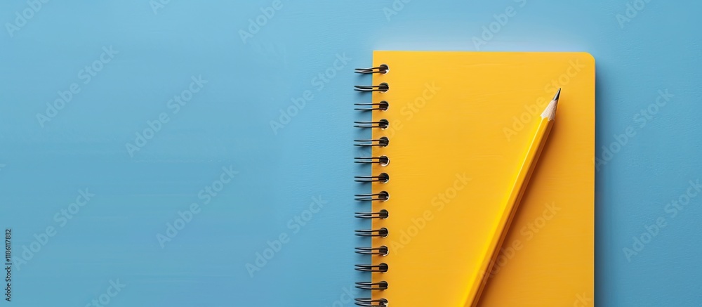Poster yellow notepad and pencil featuring a work from home message on a blue background concept of working