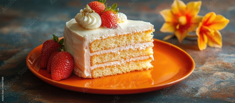 Poster classic napoleon cake on an orange plate accompanied by fresh strawberries and physalis. with copy s