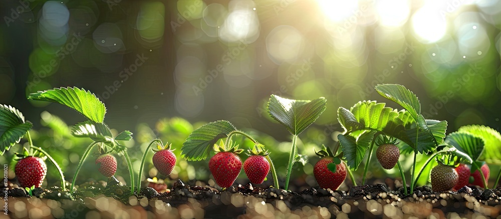 Leinwandbilder strawberry plants growing in a garden. with copy space image. place for adding text or design