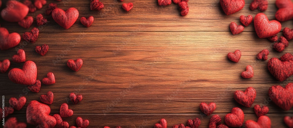 Poster Frame created from hearts on a wooden backdrop. with copy space image. Place for adding text or design
