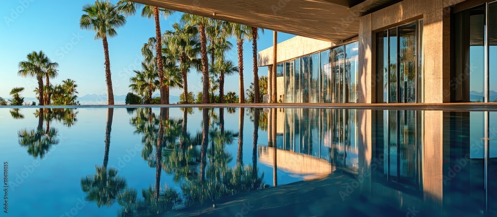 Poster Reflection of the hotel and palm trees in the pool. with copy space image. Place for adding text or design