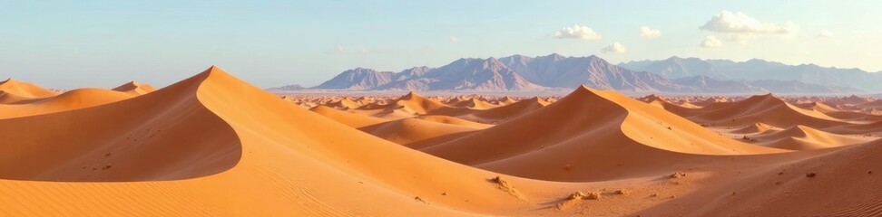 Fototapeta premium Desert landscape with wavy sand dunes and a distant mountain range, rugged, distance, mountain range