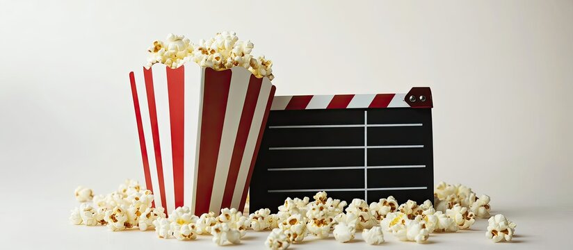 Black clapperboard or movie slate with popcorn on a white background Concept related to the cinema industry video production and film. with copy space image. Place for adding text or design