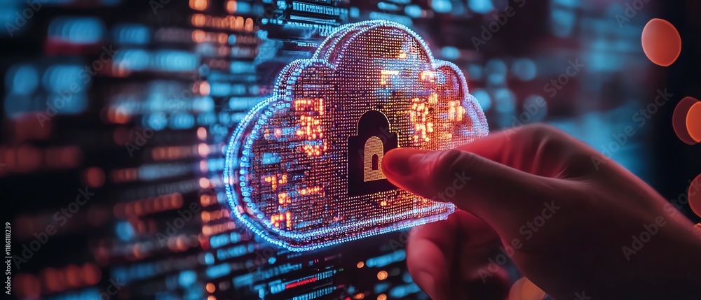 Poster cybersecurity administrator securing cloud computing data management in server farm, overseeing netw