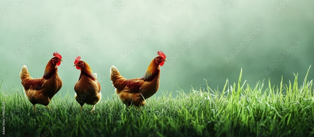 Poster Brown chickens walk on the green grass. with copy space image. Place for adding text or design