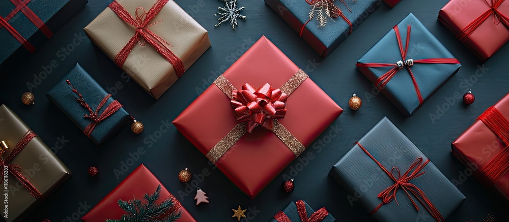 Aufkleber flat lay background of wrapped holiday gifts. with copy space image. place for adding text or design