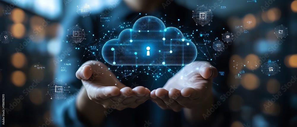 Poster data center administrator ensuring cybersecurity and secure data management in cloud computing facil