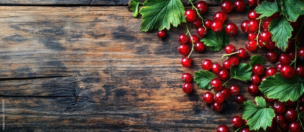 Aufkleber Fresh red currants with green leaves on a rustic wooden table top view with copy space