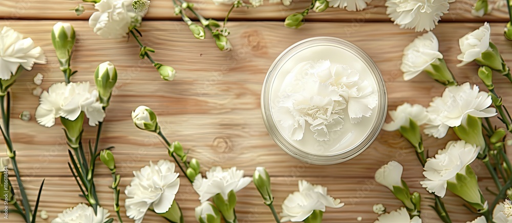 Poster Night cream with white carnation flowers on a light wooden table background. with copy space image. Place for adding text or design