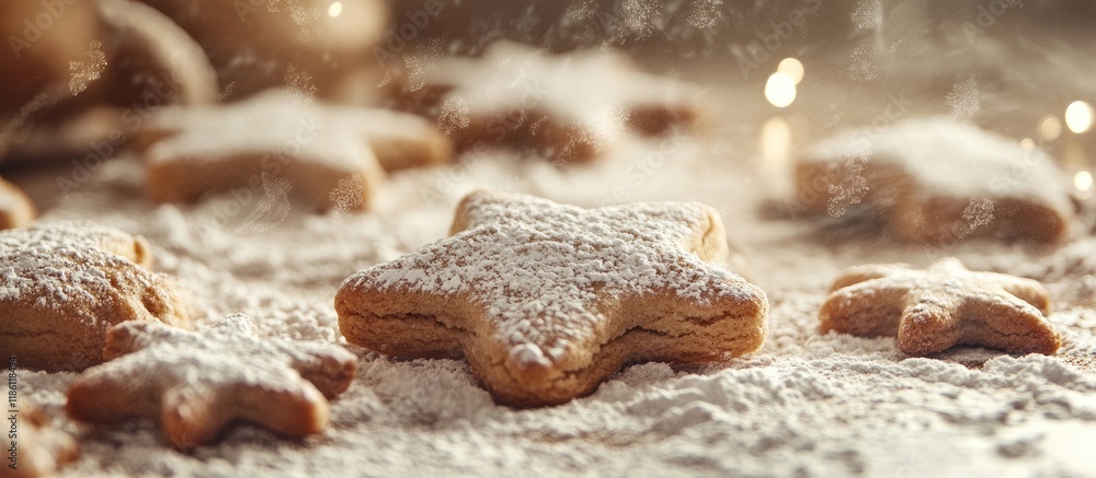 Aufkleber Christmas background featuring cookies and flour Selective focus. with copy space image. Place for adding text or design