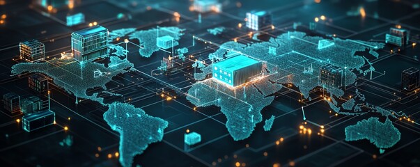 Detailed conceptual illustration of global value chains, manufacturers, suppliers, and distributors linked across borders, international trade, and complex supply chain systems