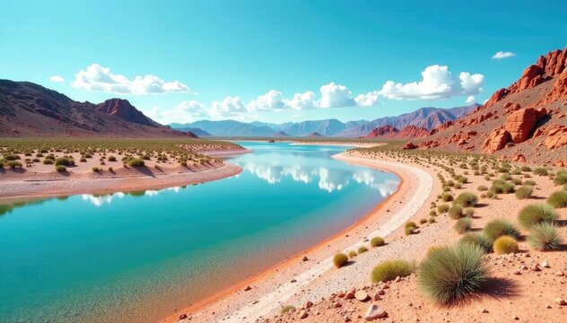 Desierto salado con cactos alrededor de lagunas, fondo blanco, naturaleza, paisaje