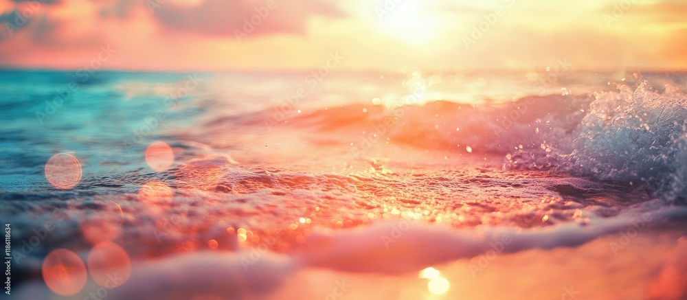 Poster motion blur of a tropical sunset beach with bokeh light waves creates an abstract background copyspa