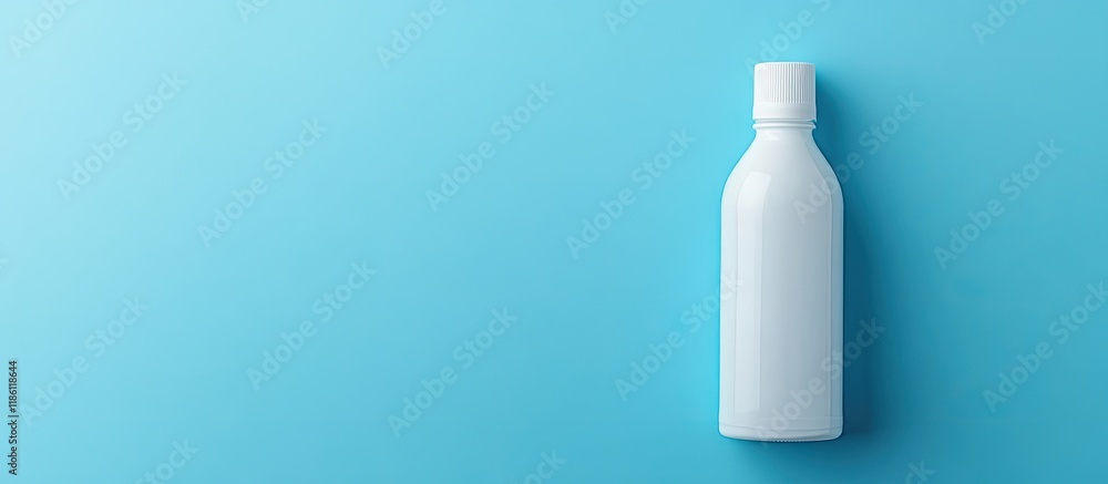 Poster White plastic bottle that contained glue set against a blue background Flat lay top view. with copy space image. Place for adding text or design