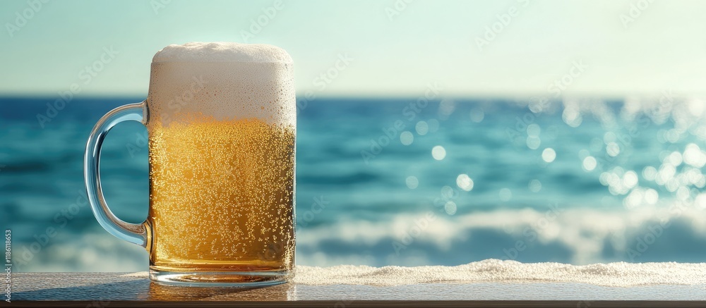 Poster A mug of beer with froth and bubbles rests at the edge of a table with the sea in the background. with copy space image. Place for adding text or design