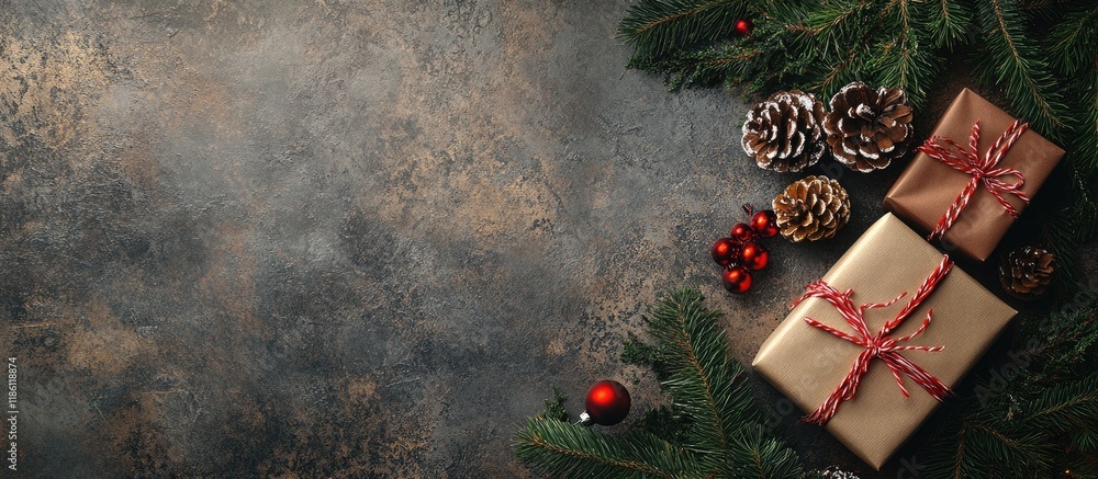 Aufkleber Rustic table arrangement for a festive Christmas dinner featuring a gift box fir tree and decorations on a stone background with copy space