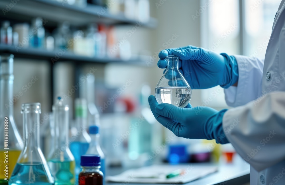 Fototapete scientist in lab coat, gloves holds flask with water sample for analysis. laboratory setting shows v